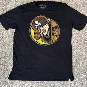 Johnny Cupcakes Shirt Mens XL Black Graphic Movie Tee Graphic Novelty Braces Hat